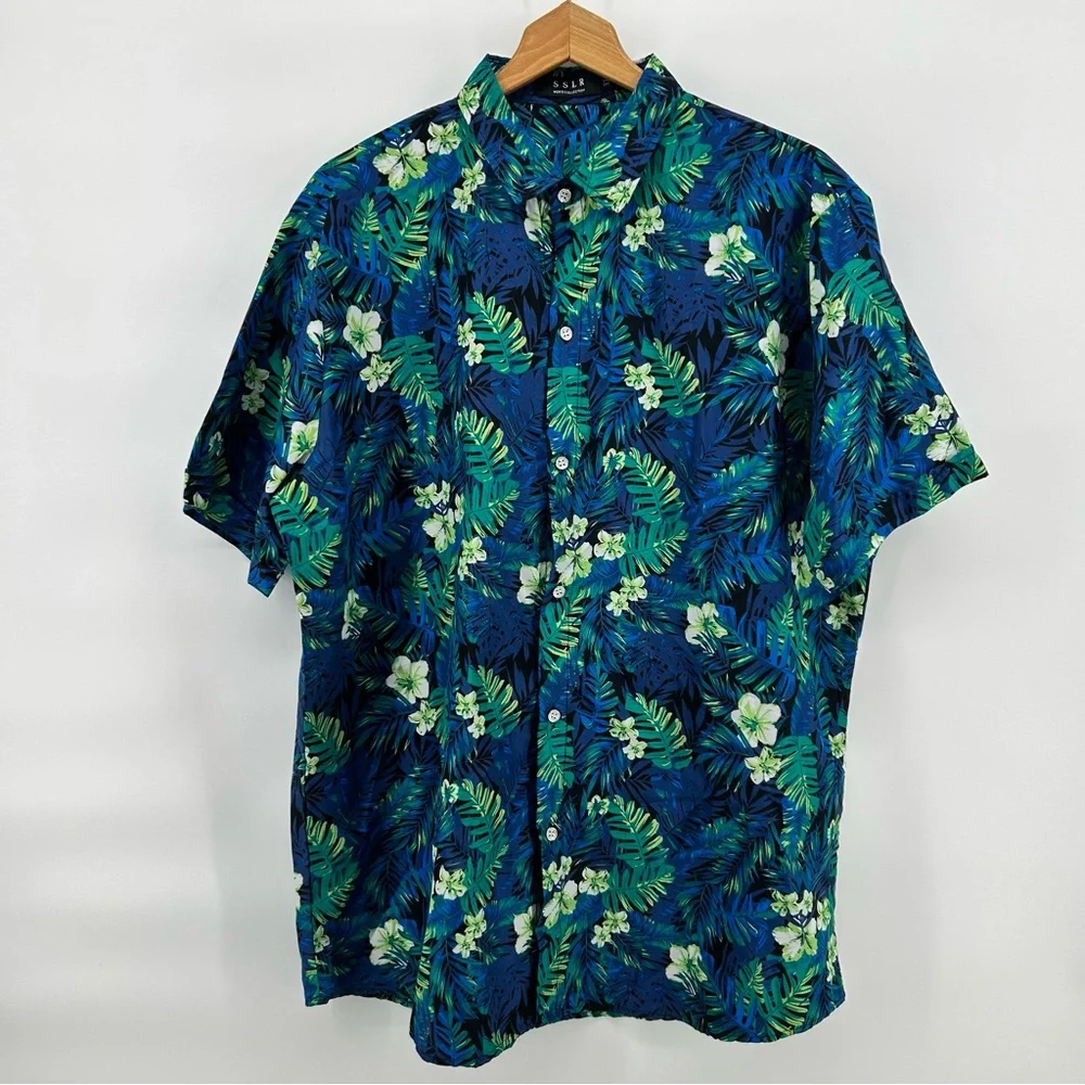 SSLR Aloha Hawaiian Camp Shirt Men's XL‎ Blue Vibrant Floral Pattern EUC